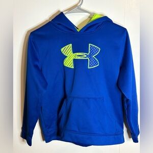 under armour storm blue/lime pullover hoodie size youth large